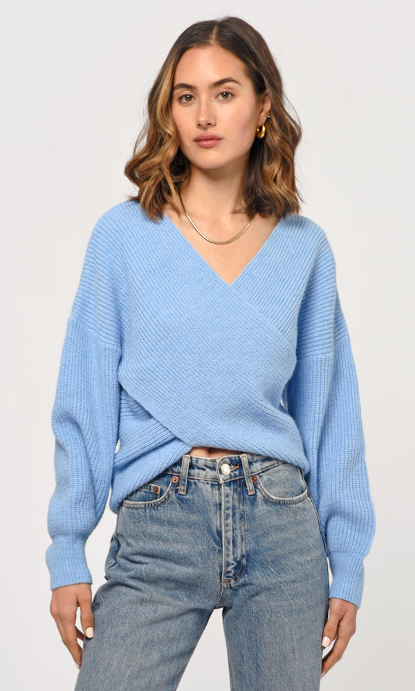Rina Cross Front Cozy Sweater- Blue