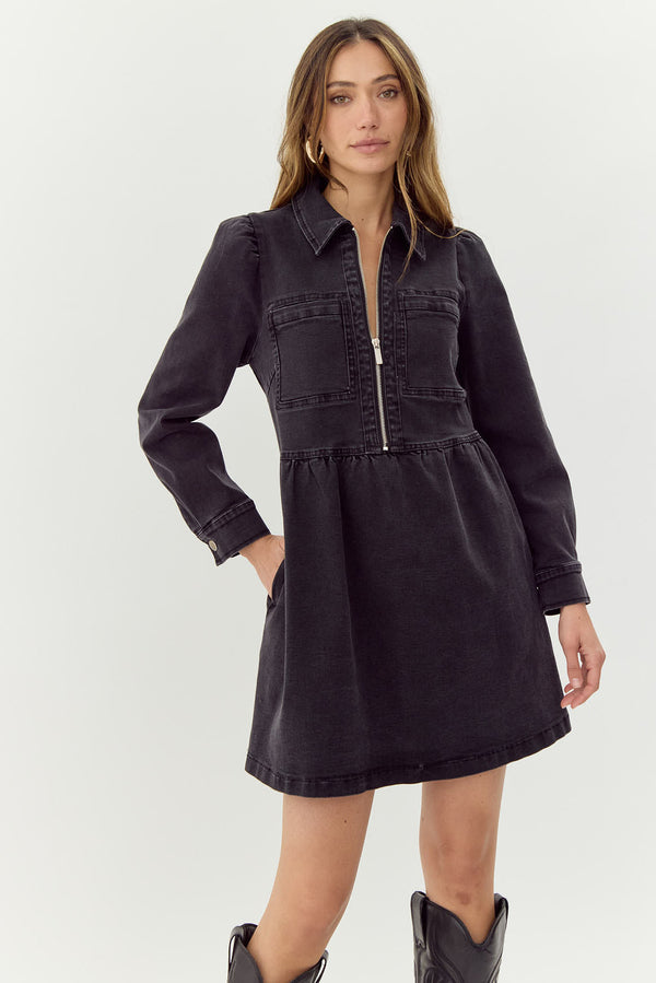 Lia Denim Zip Dress—Washed Black