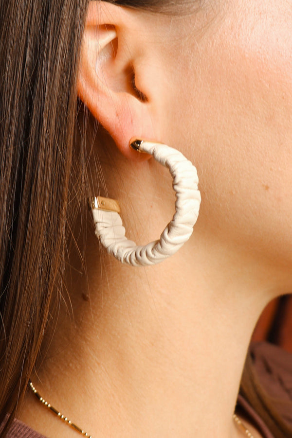 Cream Rosalia Ruched Leather Hoops