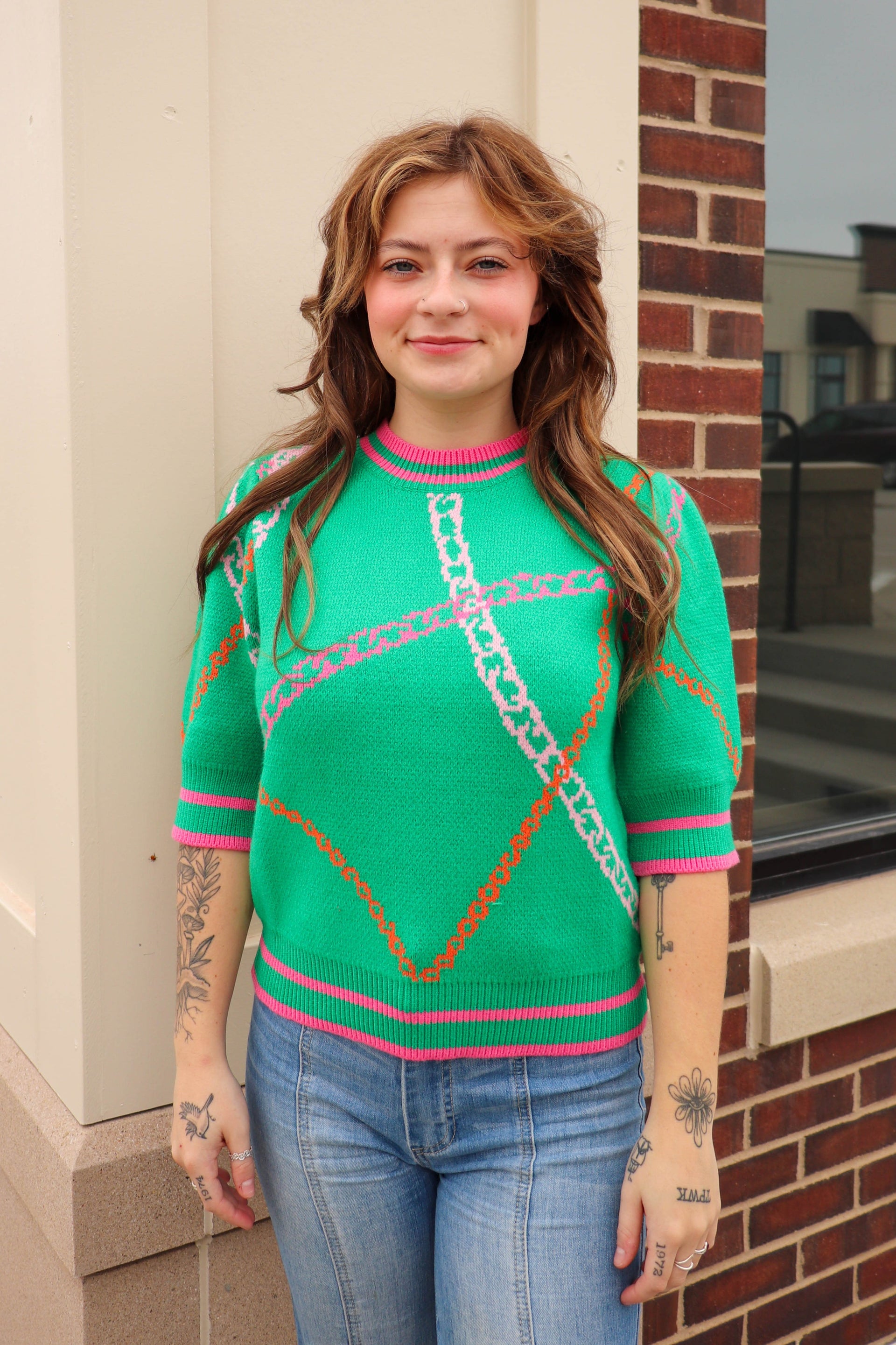 Chainlink Print Short Sleeve Sweater—Jade Green **Final Sale**
