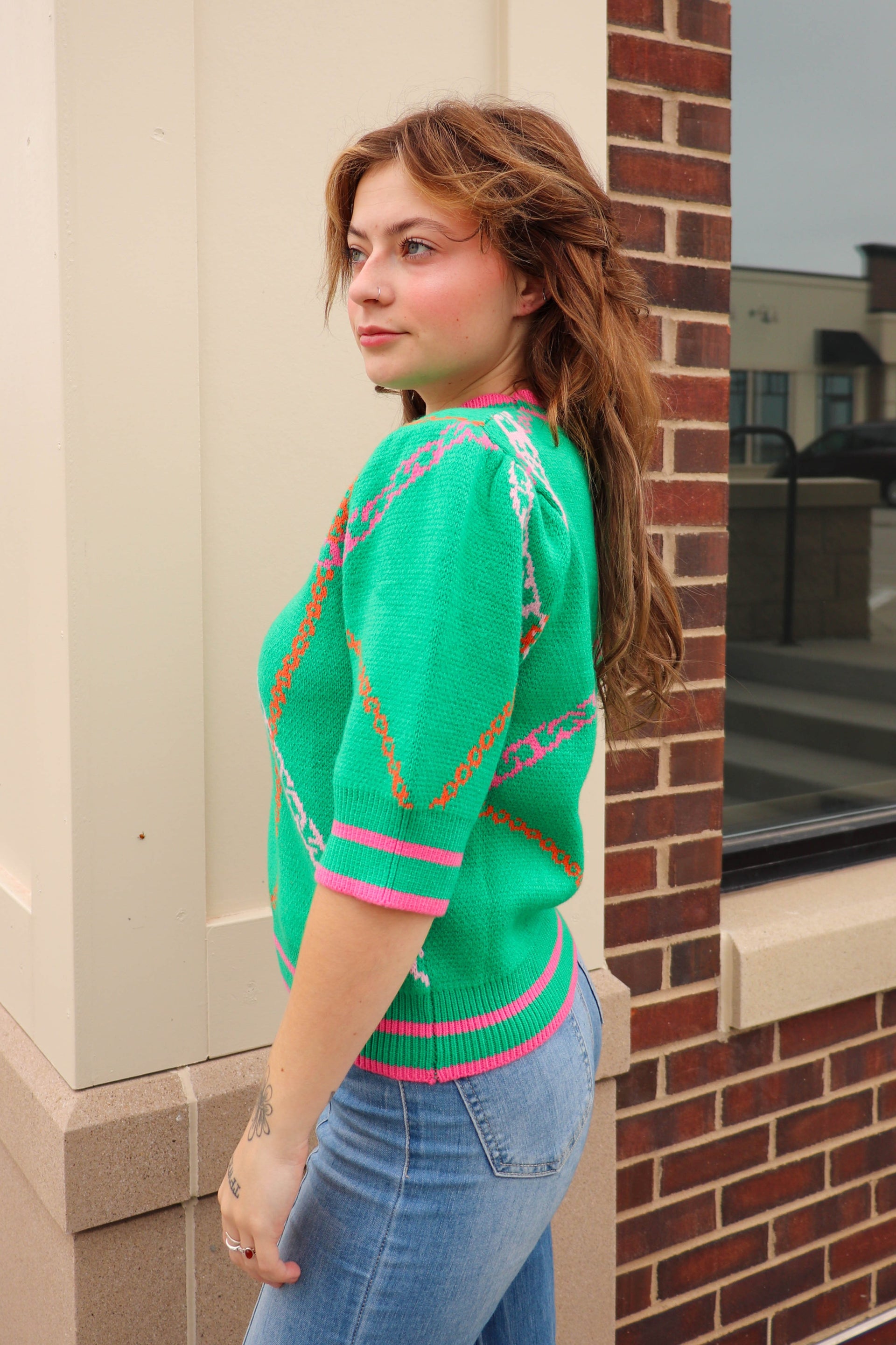 Chainlink Print Short Sleeve Sweater—Jade Green **Final Sale**