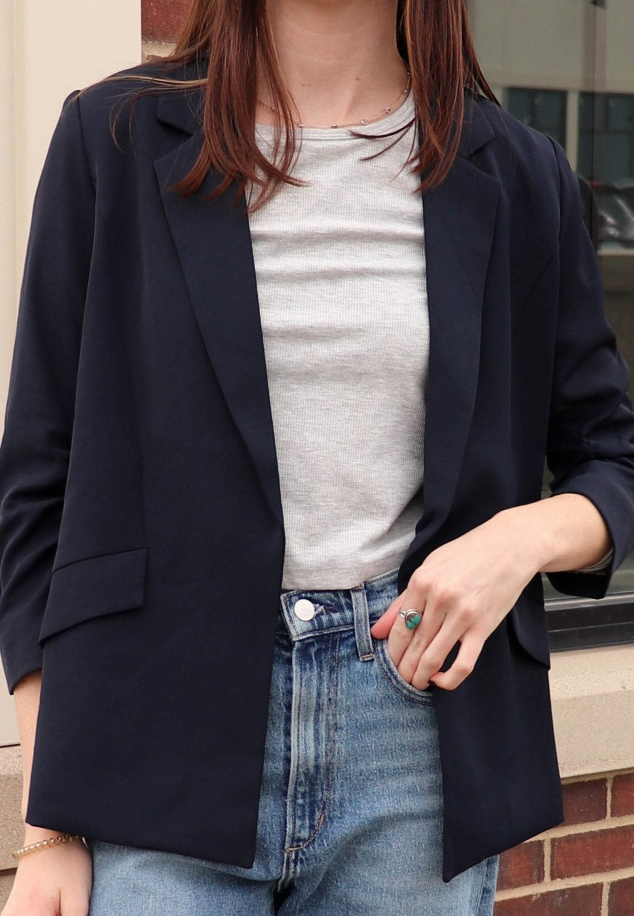 Casual Ruched Sleeve Blazer—Midnight Navy