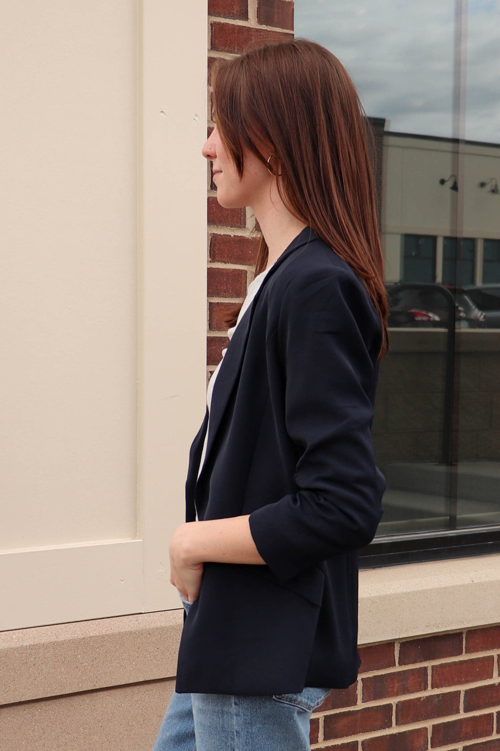 Casual Ruched Sleeve Blazer—Midnight Navy