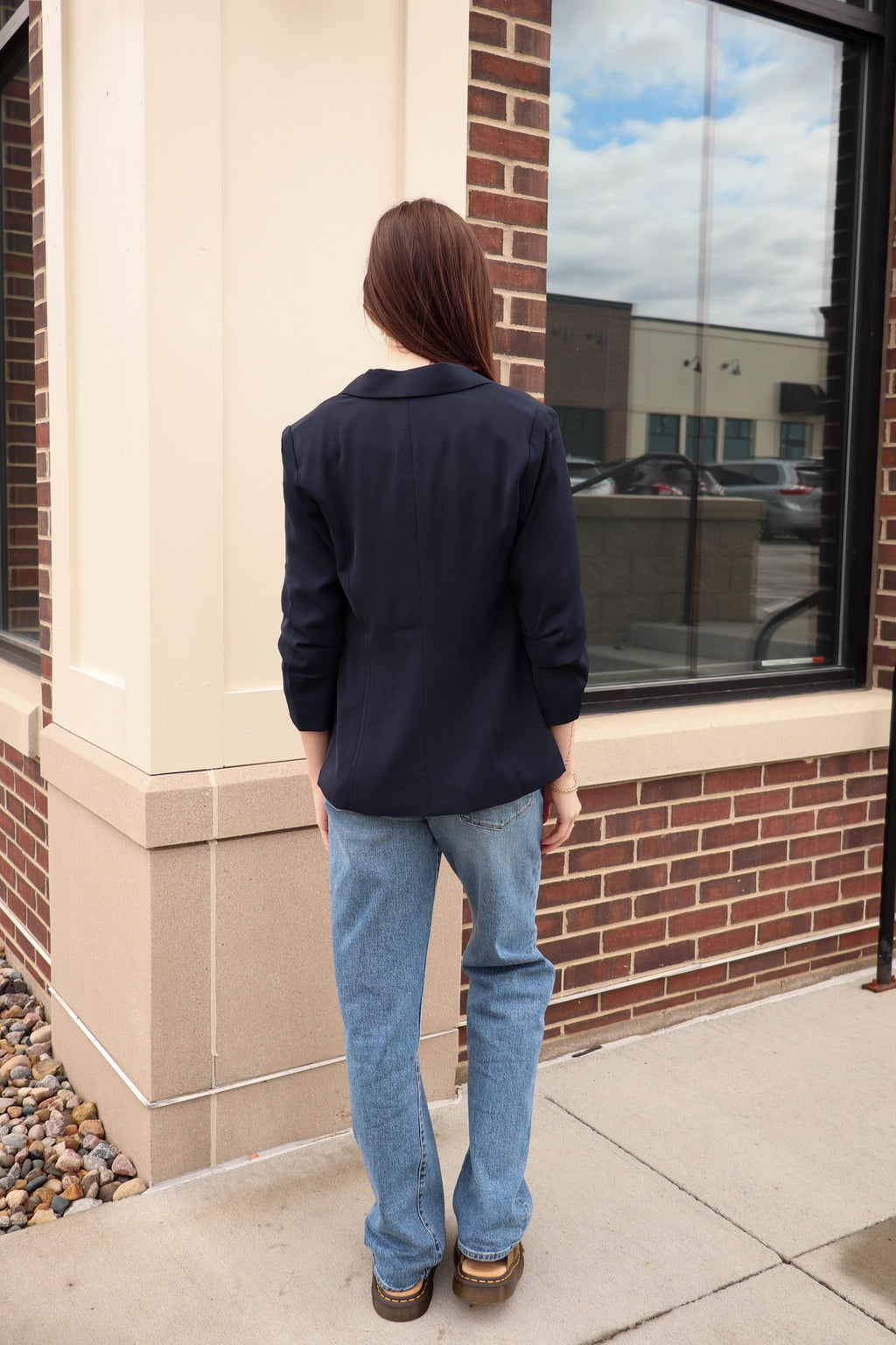 Casual Ruched Sleeve Blazer—Midnight Navy