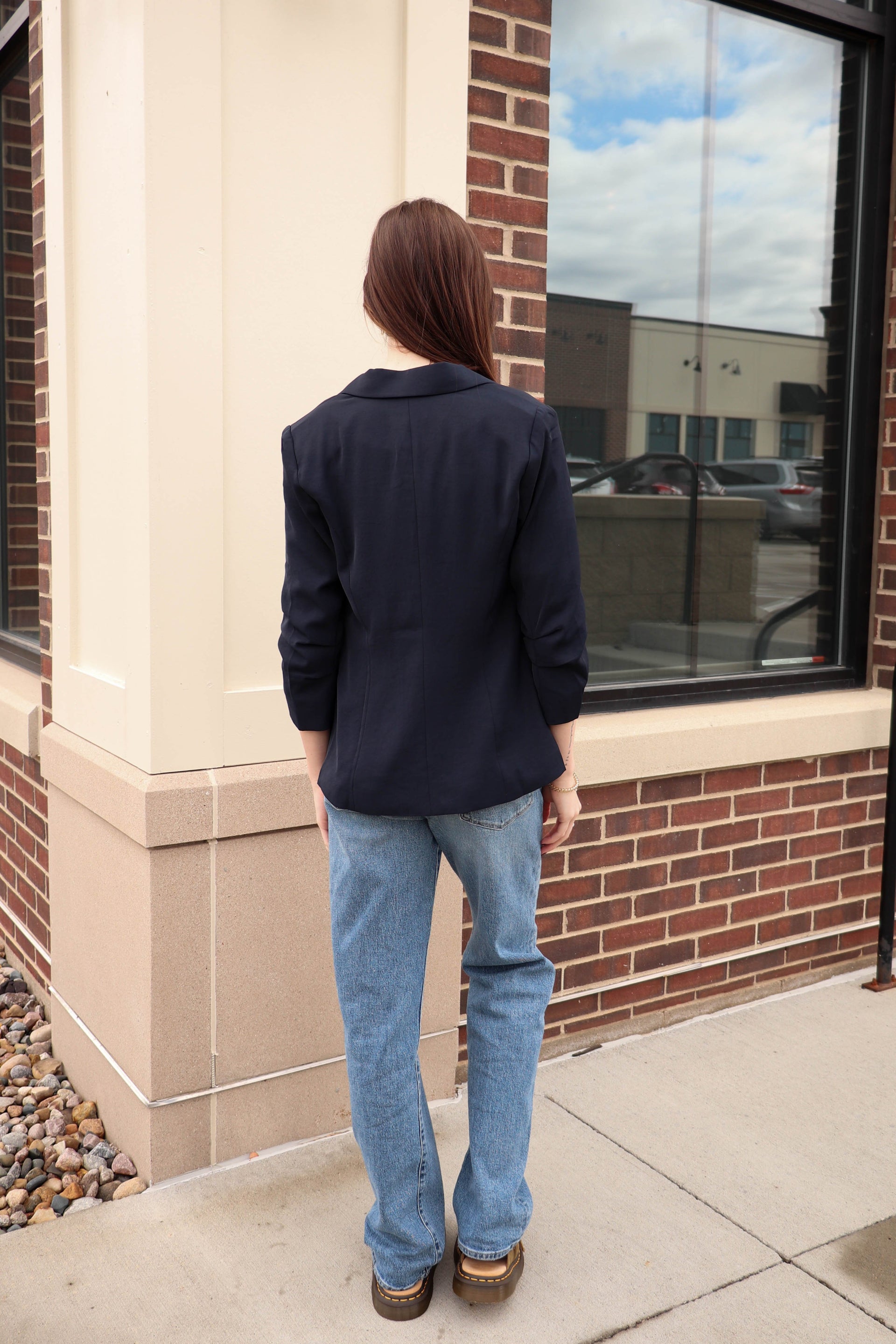 Casual Ruched Sleeve Blazer—Midnight Navy