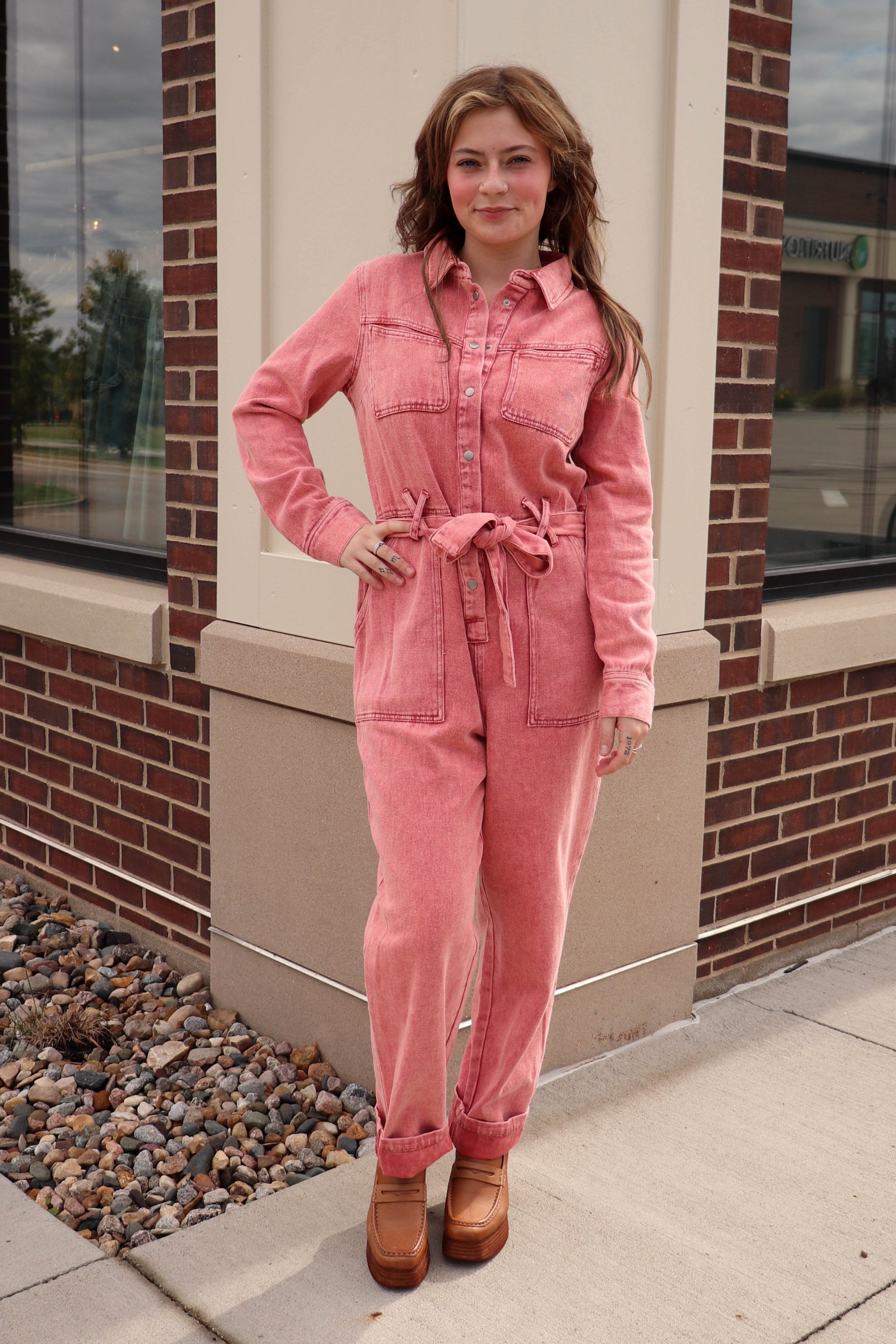 Skies Are Blue Long Sleeve Cotton Twill Jumpsuit Rust illieco