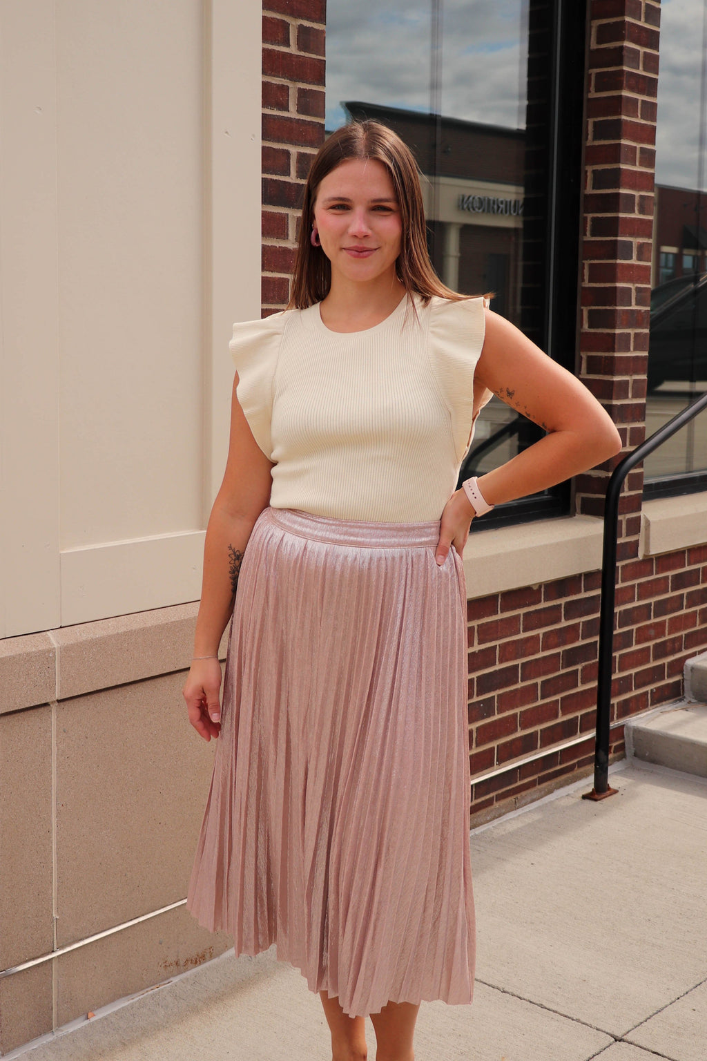 Foil Coated Pleated Skirt—Blush