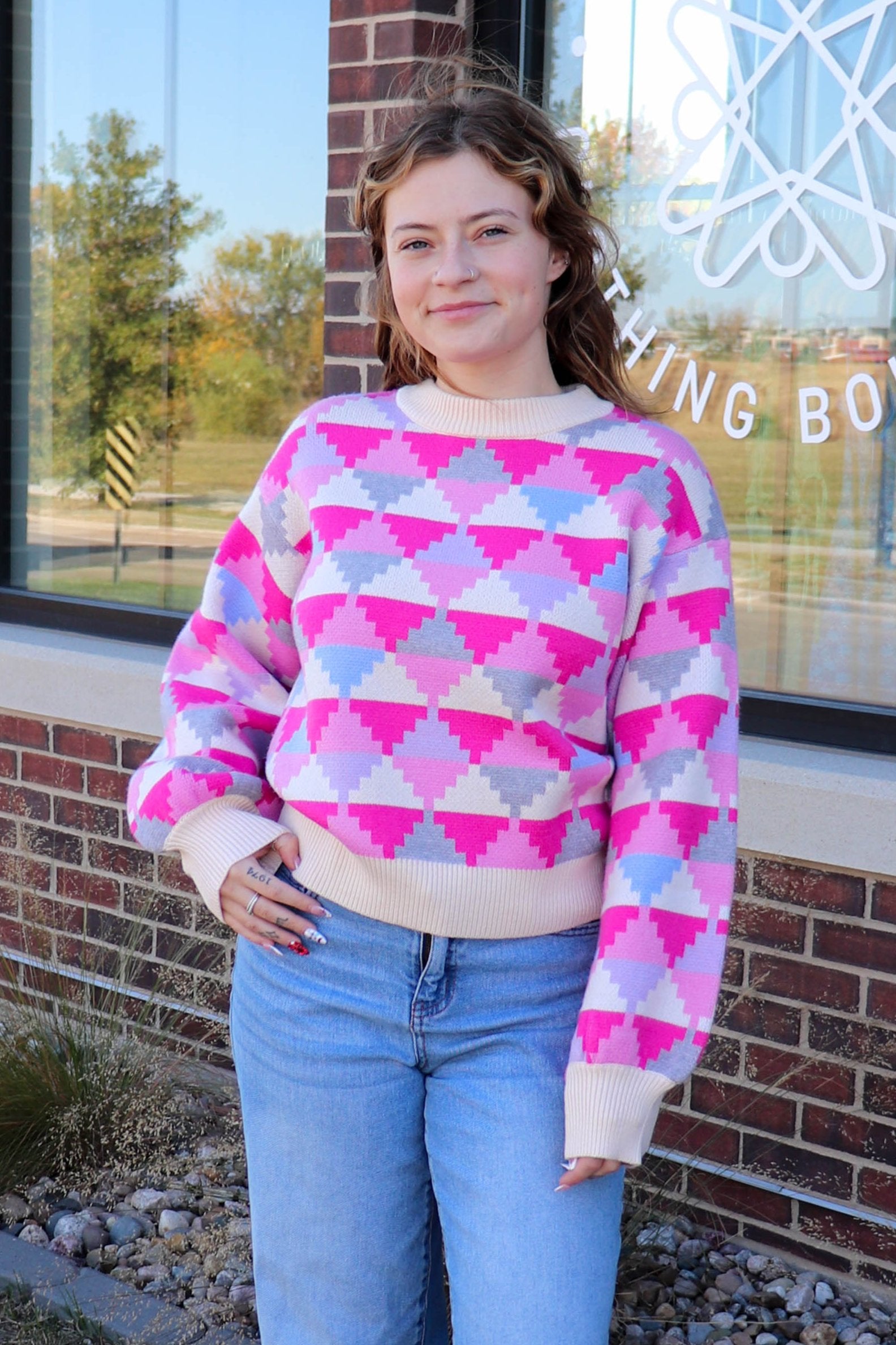 Geometric Pattern Sweater—Pink/Grey