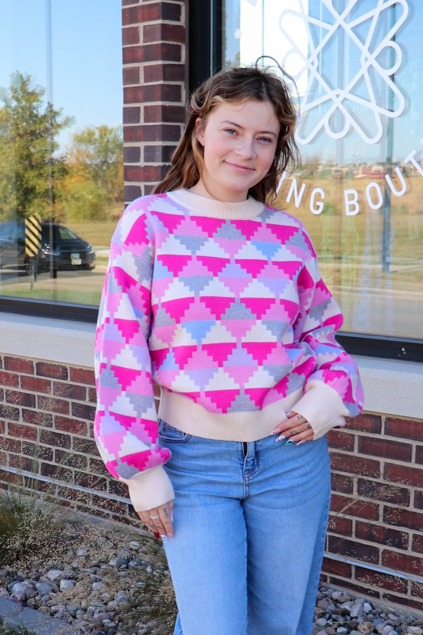 Geometric Pattern Sweater—Pink/Grey