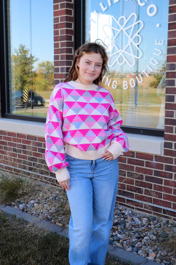 Geometric Pattern Sweater—Pink/Grey