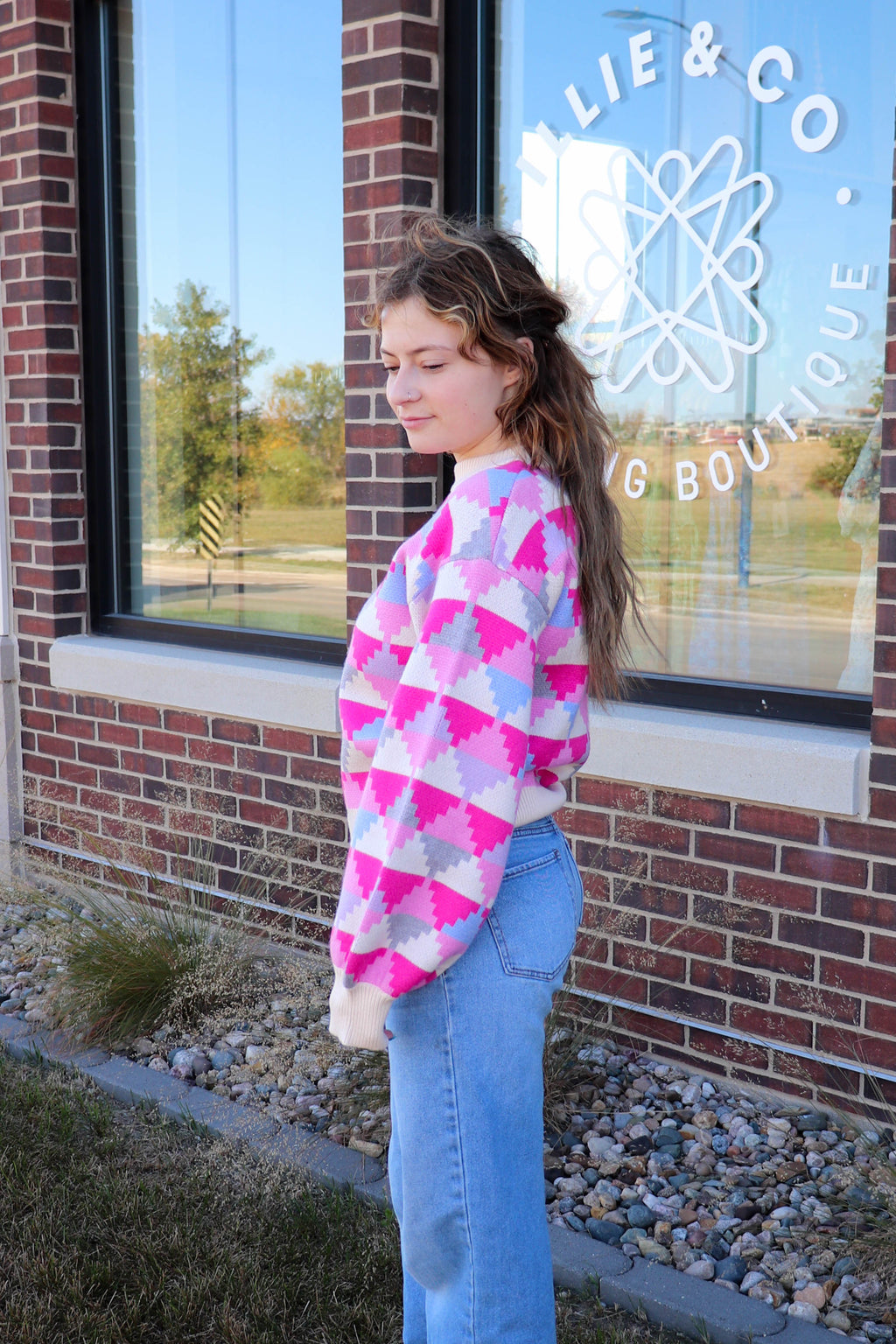 Geometric Pattern Sweater—Pink/Grey