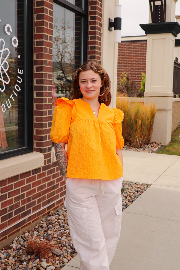 Puff Sleeve Textured V-Neck Top- Orange*FINAL SALE*