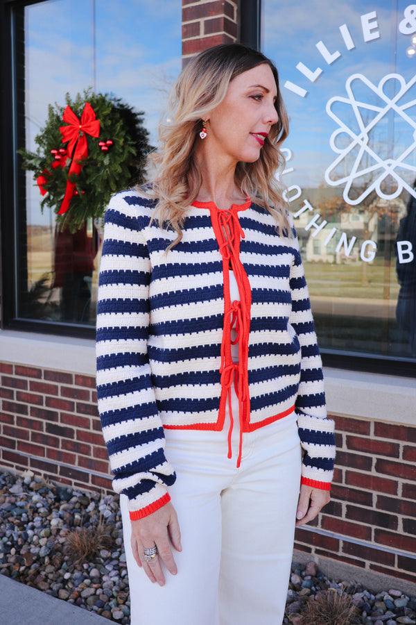 Stripe Knit Cardigan with Bows—Orange/Blue