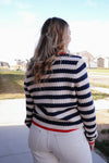 Stripe Knit Cardigan with Bows—Orange/Blue