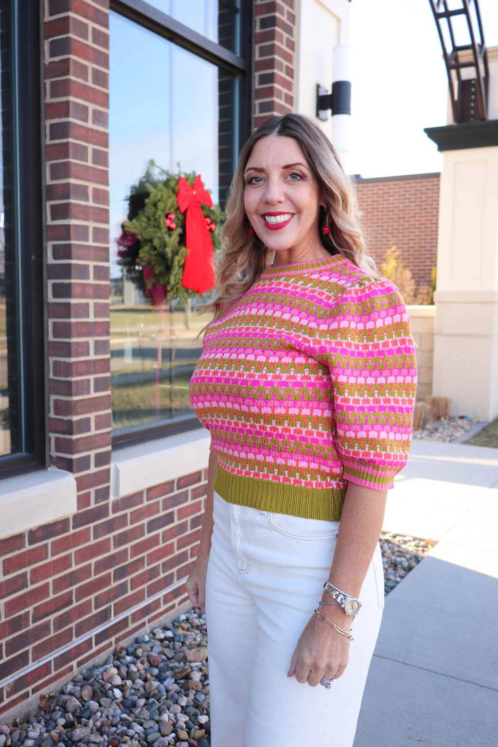 Short Sleeve Woven Knit Sweater—Pink/Green