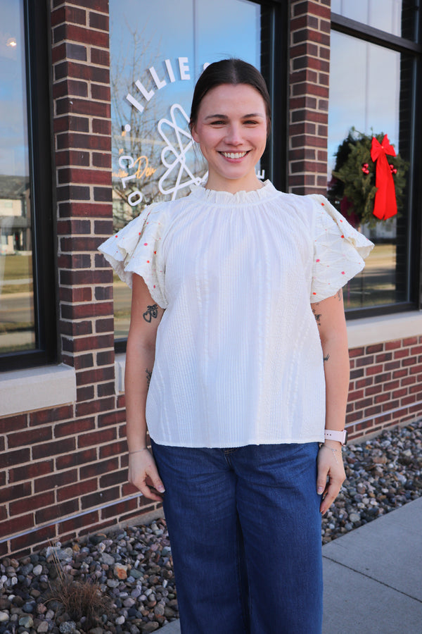 Hand Beaded Pleated Sleeve Top—Cream