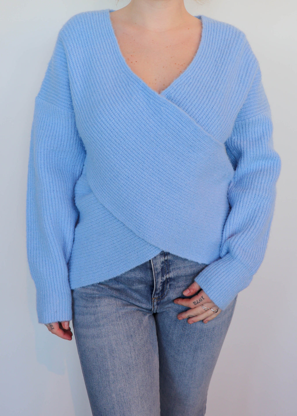 Rina Cross Front Cozy Sweater- Blue