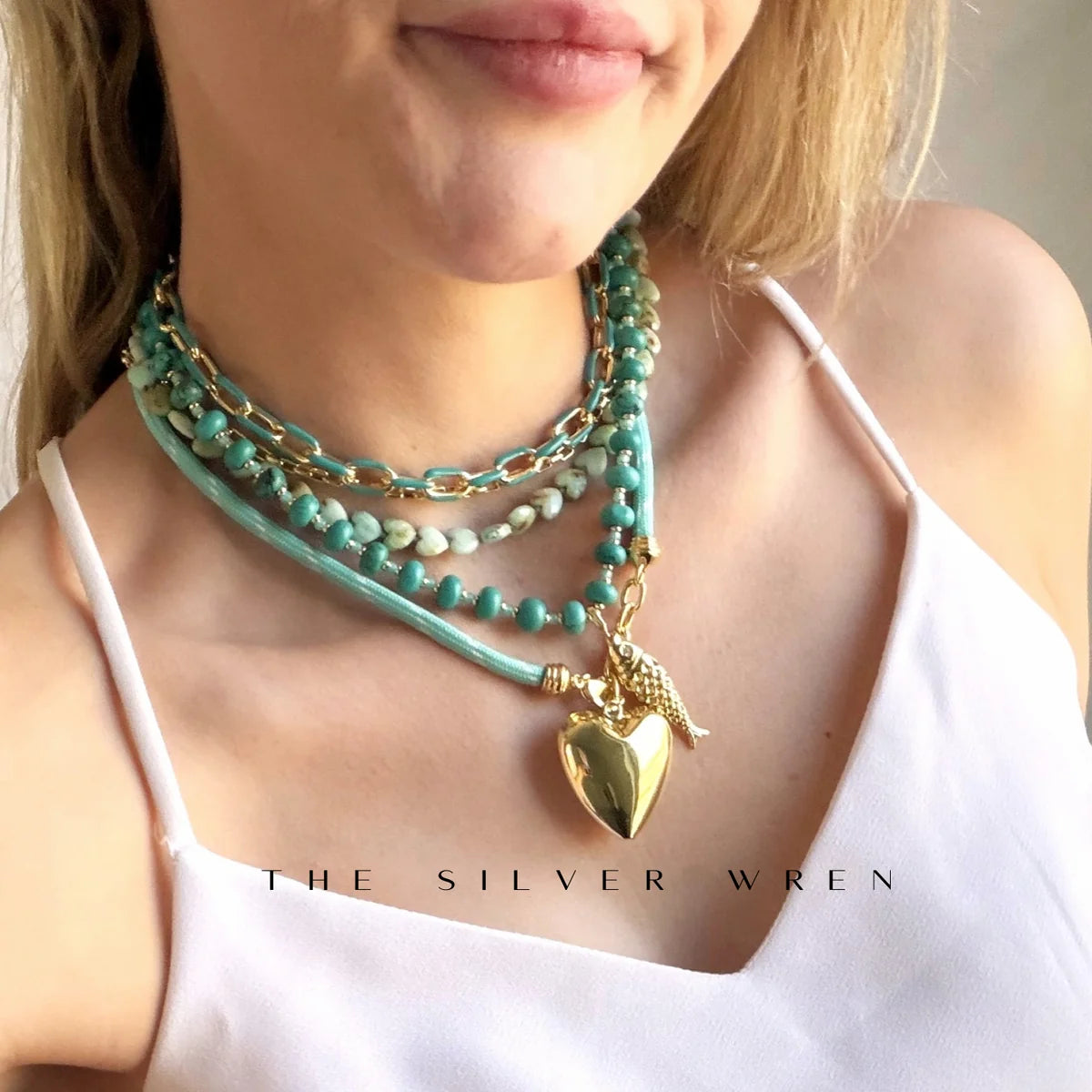 Green Opal Heart Beaded Necklace
