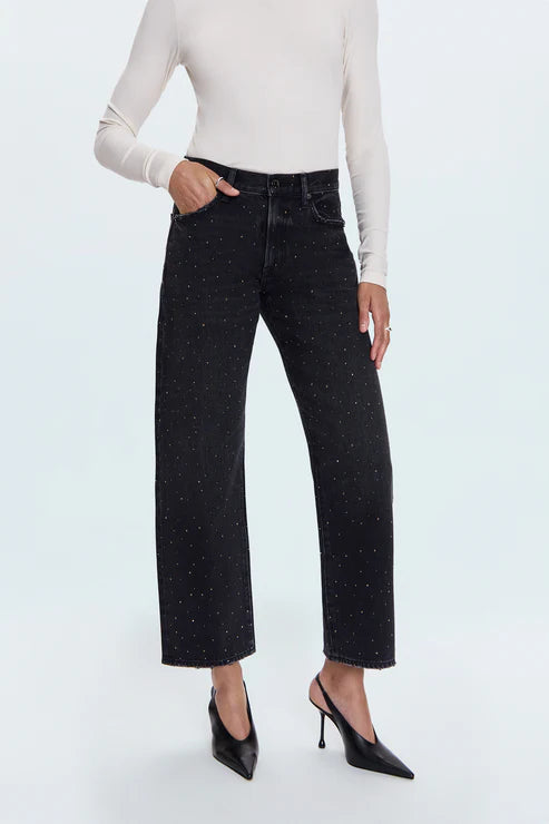 Lexi Mid Rise Bowed Straight Leg Denim- Silver Screen