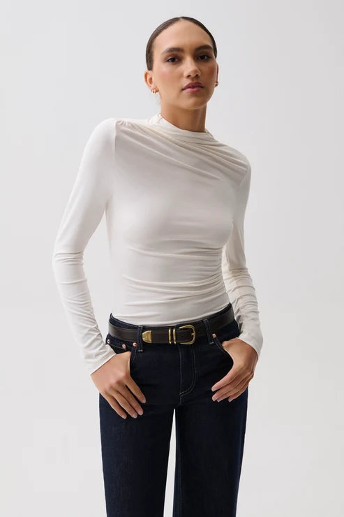 Nathalia Long Sleeve Draped Mock Neck in Soft White