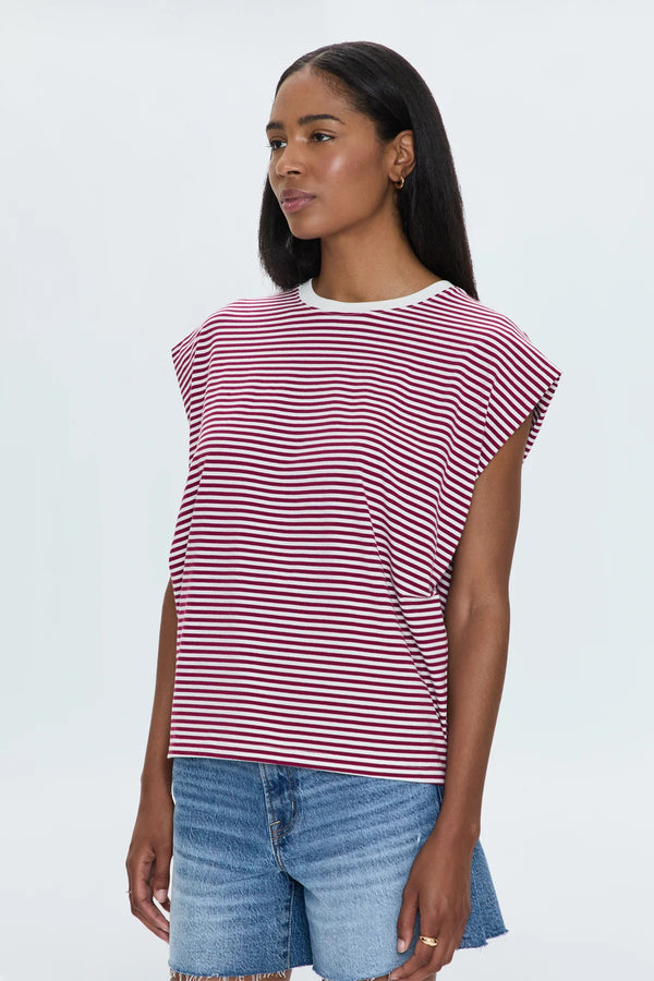 Trina Muscle Tee—Sangria White Stripe