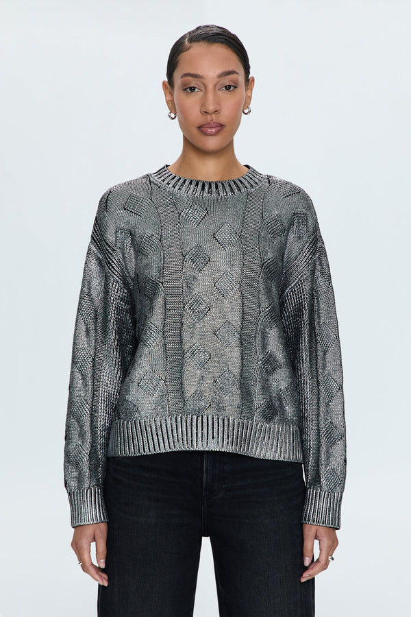 Everly Metallic Cable Knit Sweater- Gilded Midnight