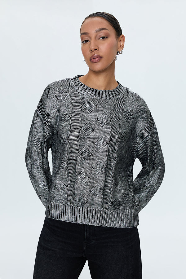 Everly Metallic Cable Knit Sweater- Gilded Midnight