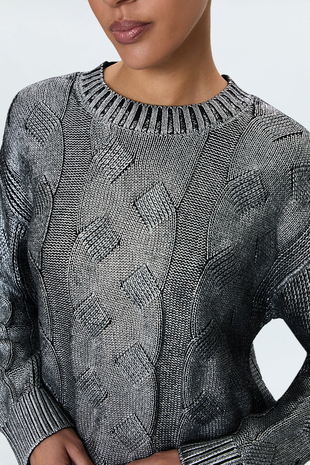 Everly Metallic Cable Knit Sweater- Gilded Midnight