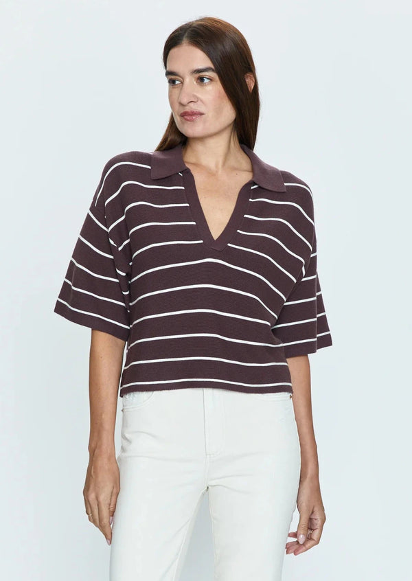 Marlow Polo Sweater- Mocha Stripe