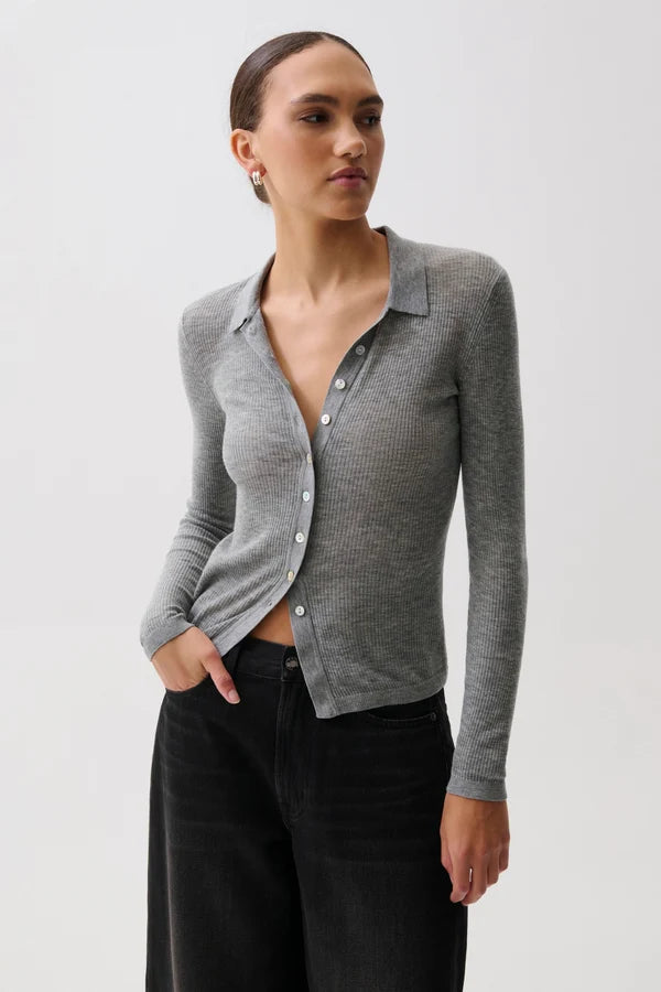 Korey Merino Blend Featherweight Rib Cardigan in Heather Charcoal