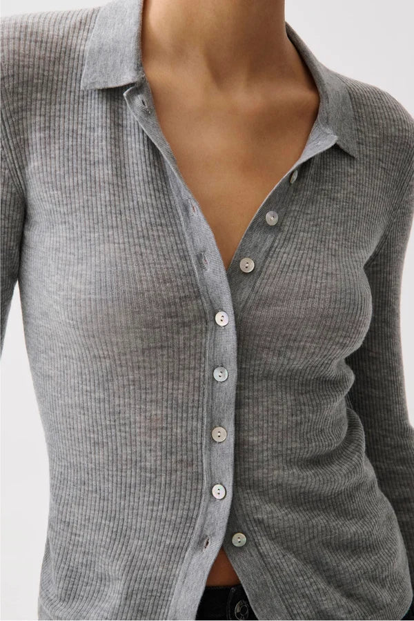 Korey Merino Blend Featherweight Rib Cardigan in Heather Charcoal