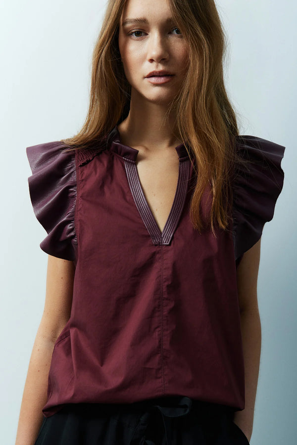 Reece Faux Leather and Cotton Blouse- Burgundy