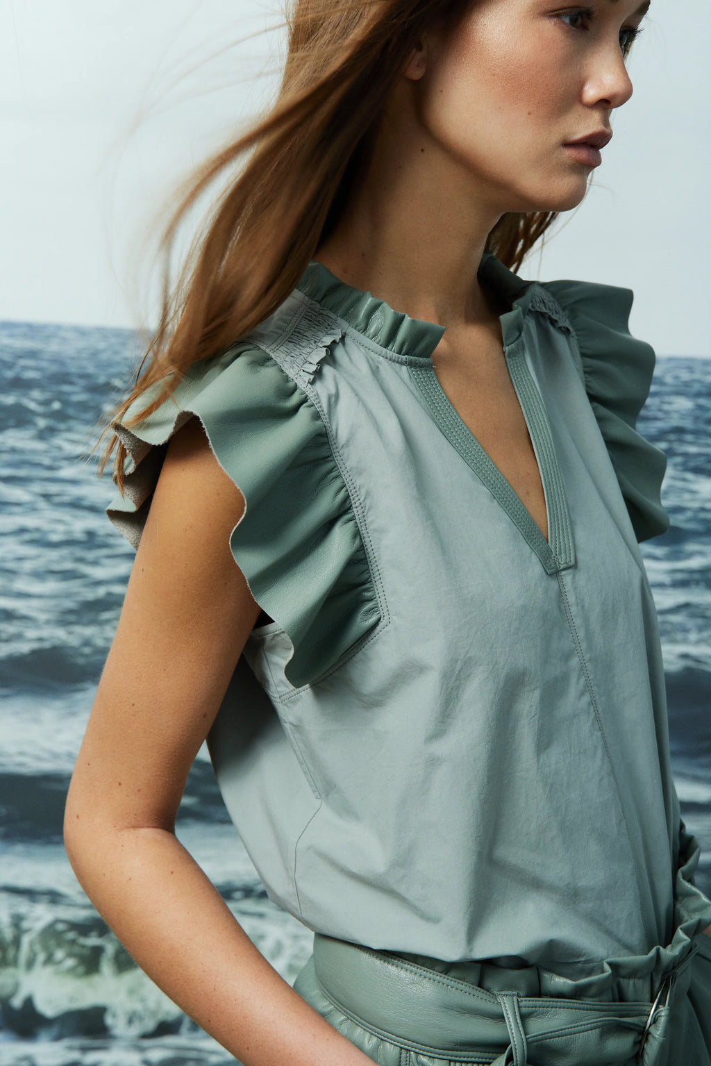 Reece Cotton and Faux Leather Blouse- Sage