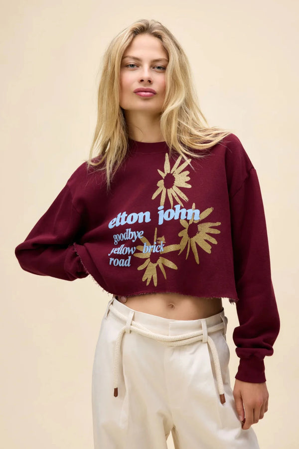 Elton John Yellow Brick Road Cutoff Sweatshirt- Dark Cherry