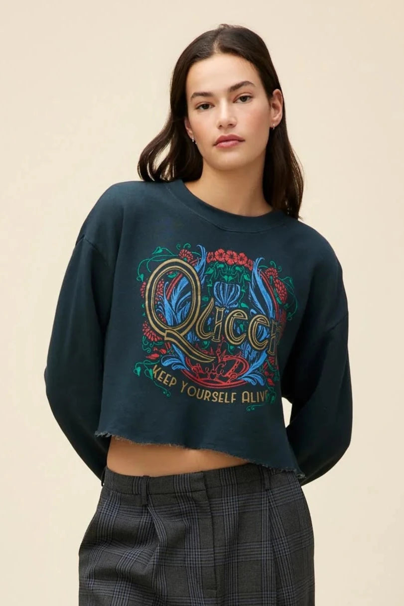 Queen Keep Yourself Alive Cut Off Sweatshirt- Vintage Black