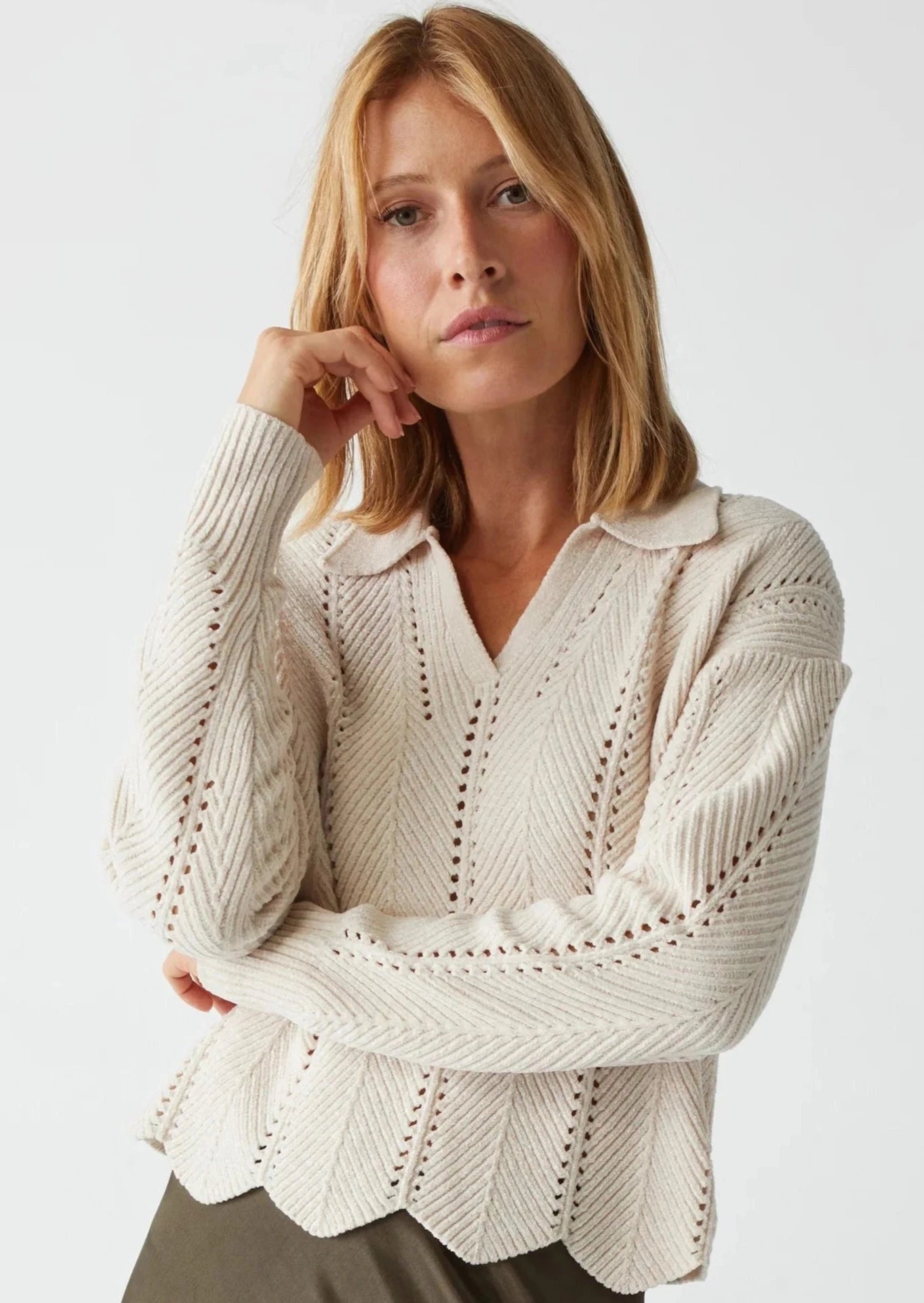 Famke Cropped Collared Pullover- Chalk
