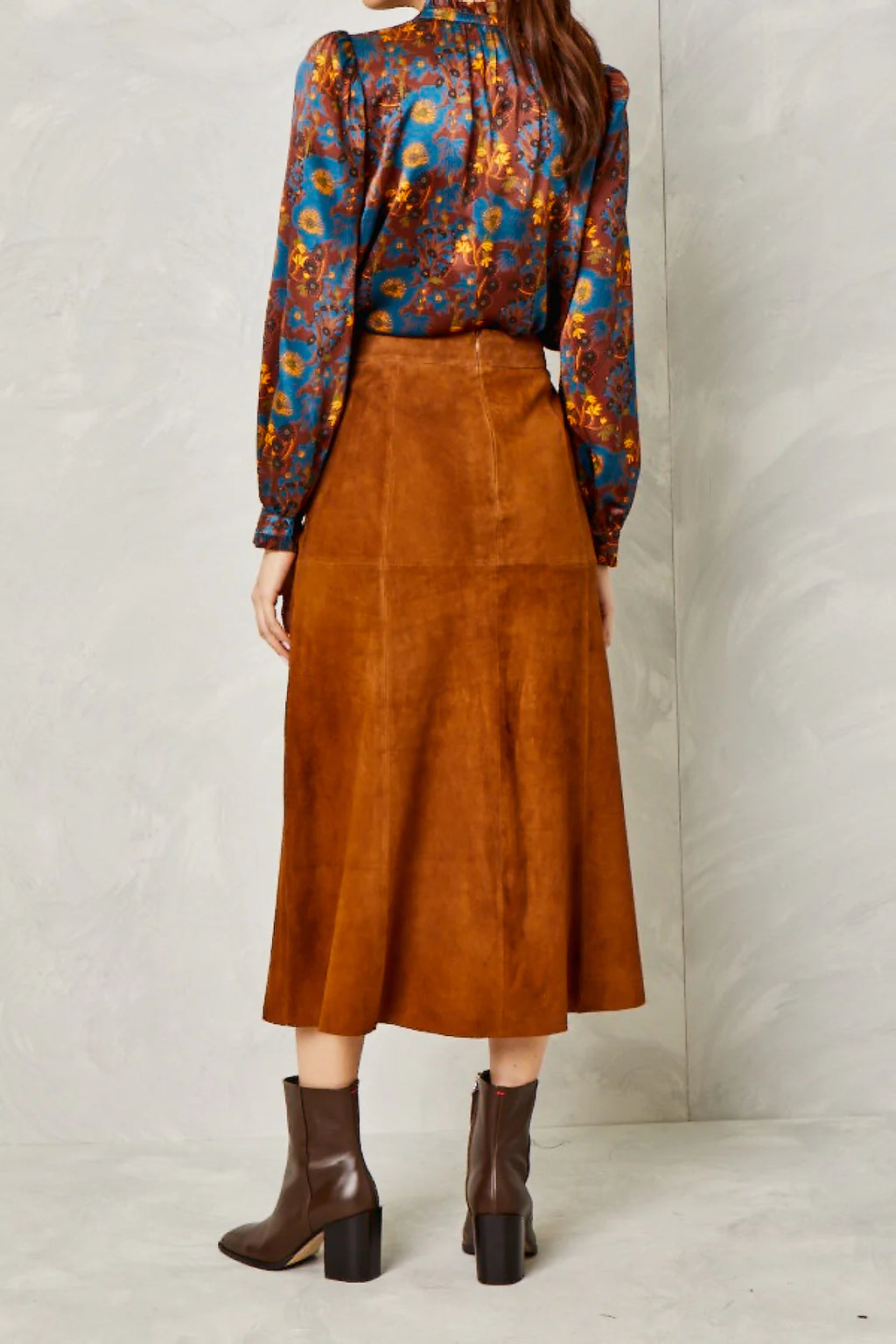 Clara Suede Midi Skirt- Saddle Brown