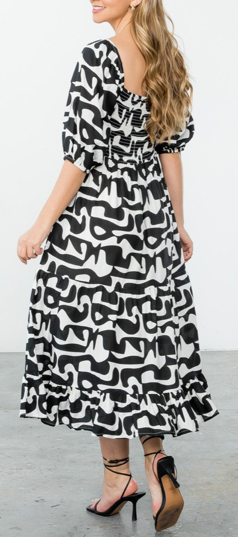 Smocked Top Black/White Print Midi Dress