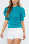 Ruffle Short Sleeve Knitted Top- Teal