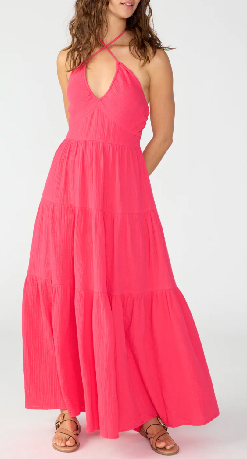 Tiered Halter Neck Maxi Dress- Sunkissed Pink