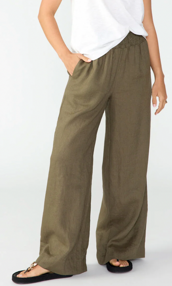 Smocked Wide Leg Linen Pant- Mossy Green