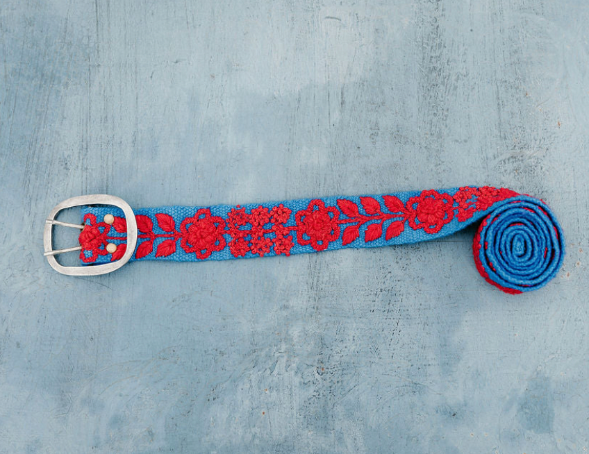 Taylor Hand Embroidered Belt- Blue and Red