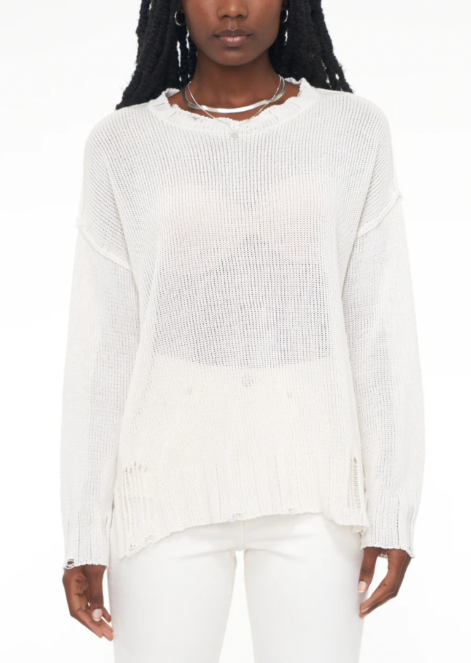 Elyse Open Knit Distressed Sweater- Vanilla Cream
