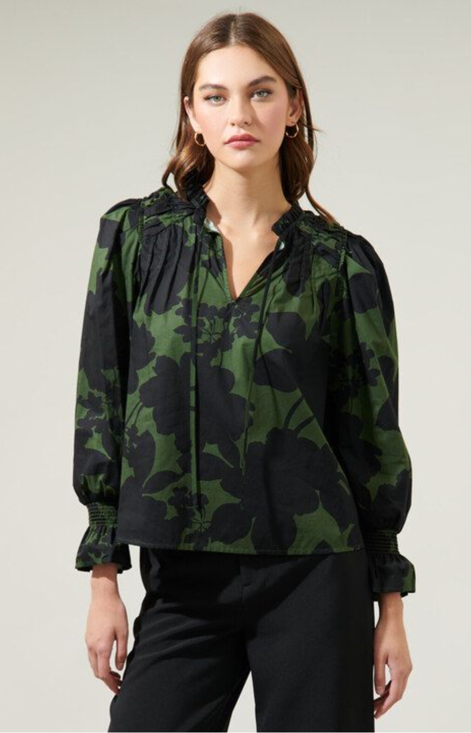 Night Moss Floral Russo Pleated Long Sleeve Blouse**FINAL SALE**