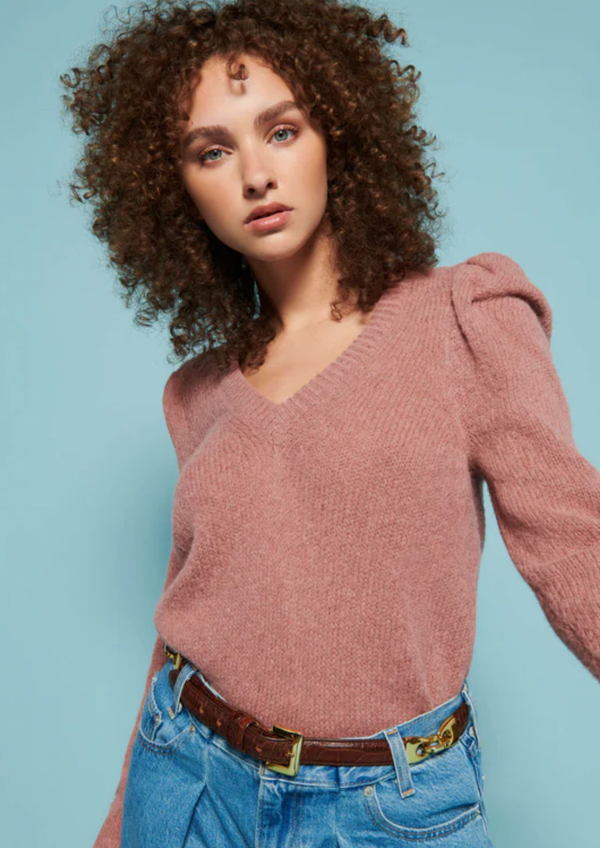 Lara Puff Shoulder V-Neck Sweater- Flush Pink