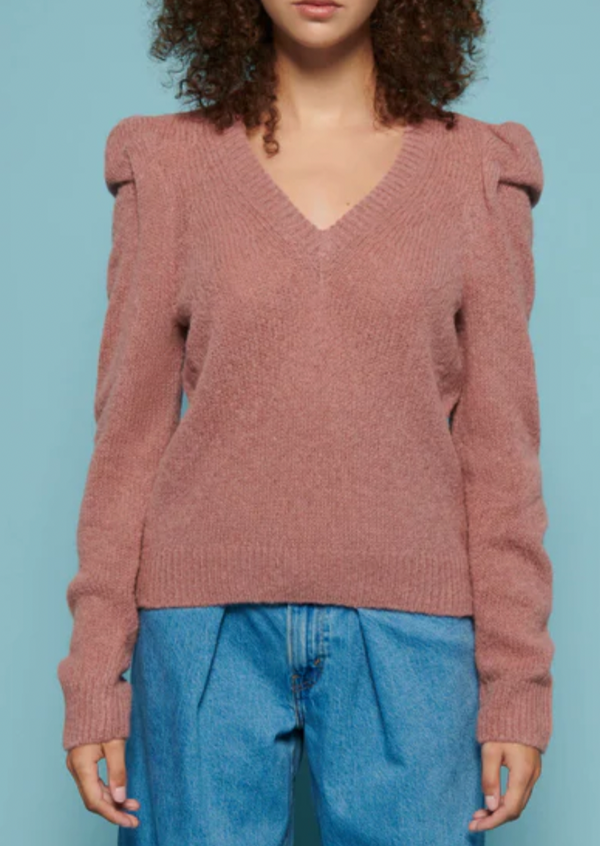 Lara Puff Shoulder V-Neck Sweater- Flush Pink