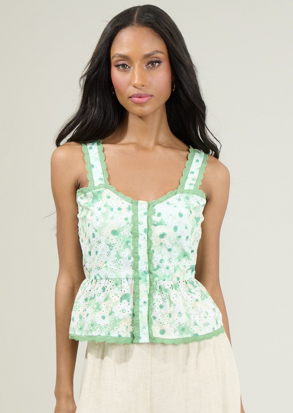 Baine Embroidered Button Up Top- Green/White