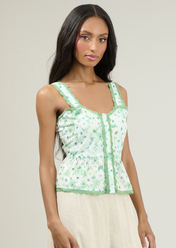 Baine Embroidered Button Up Top- Green/White