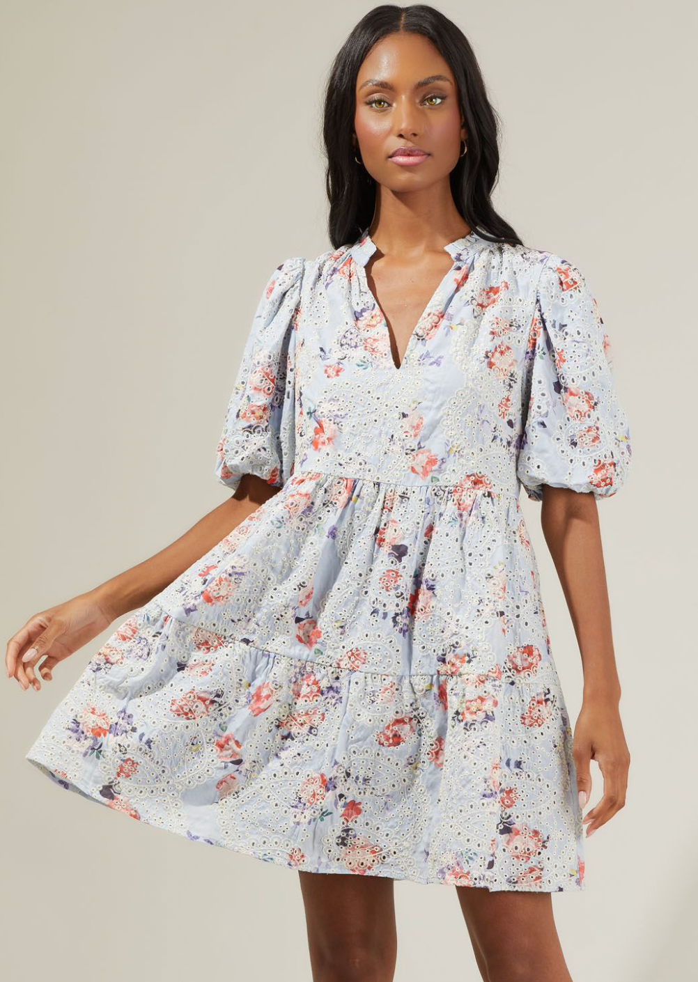 Sommerset Floral Babydoll Eyelet Mini Dress- Light Blue***FINAL SALE***