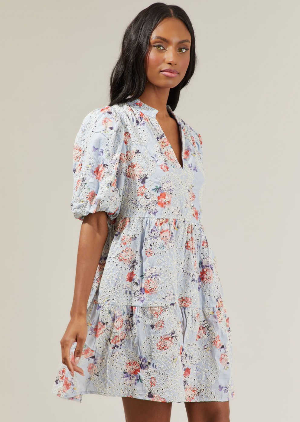 Sommerset Floral Babydoll Eyelet Mini Dress- Light Blue***FINAL SALE***